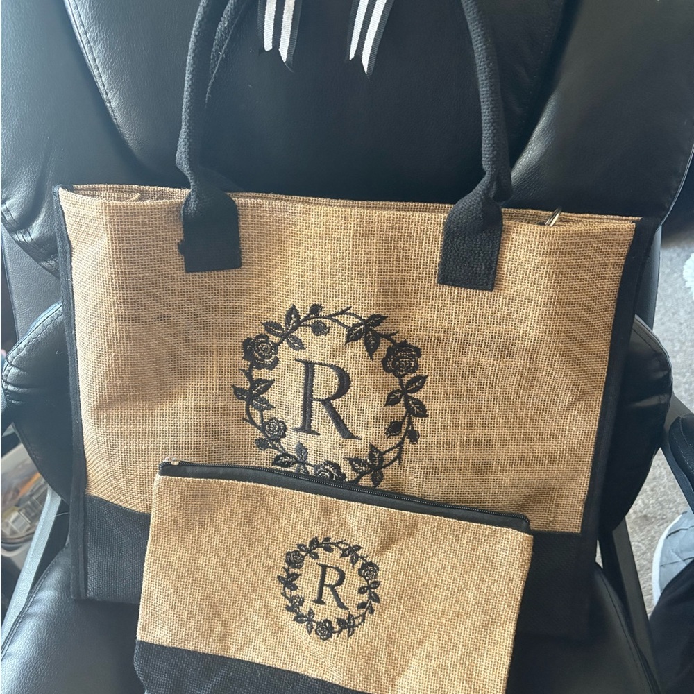 Black and Tan Floral Tote with matching zipper bag. Sold together